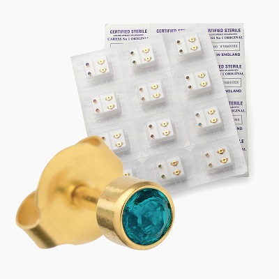 Blue Zircon & Gold Colour Sterile Stud Earrings - One Pair